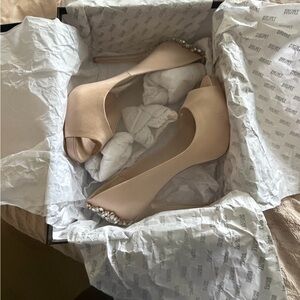 Badgley Mischka Champagne Satin Peep-Toe Heels with Pearl & Crystal Accents